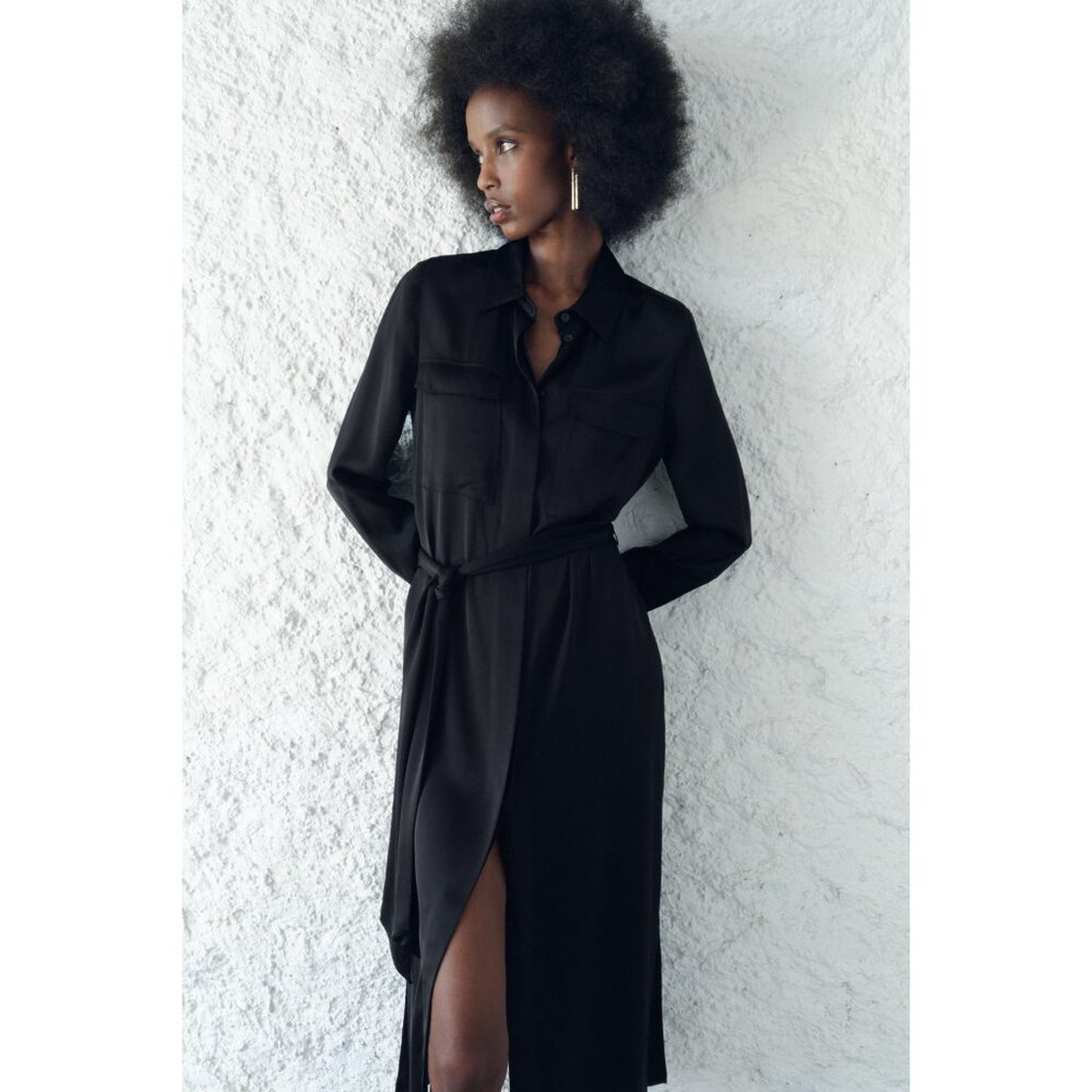 New ZARA Satin Effect Wrap Dress Long Sleeve Belted Button Front Women's Size XS